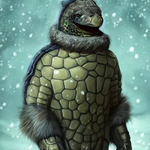 Prompt: anthropomorphic turtle humanoid, carapace, rutkowski, blizzard, winter, night, furs, fantasy