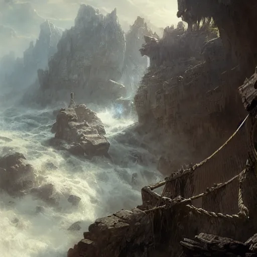 Image similar to a rope bridge over a dark chasm, flying piles of bones, matte painting, fantasy art, by greg rutkowski, by andreas achenbach,