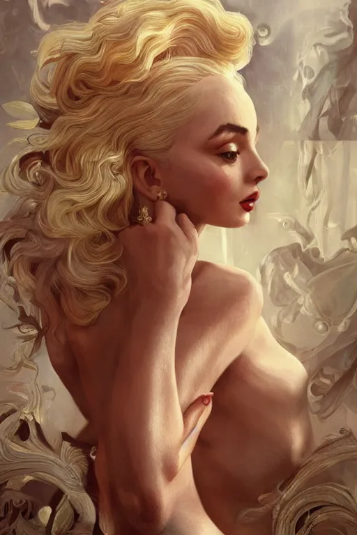 Image similar to ultra realistic illustration, a stunningly beautiful greek goddess of chaos played by marilyn monroe and dove cameron and margot robbie and taylor swift and megan fox, intricate, elegant, highly detailed, digital painting, artstation, concept art, smooth, sharp focus, illustration, art by artgerm and greg rutkowski and alphonse mucha