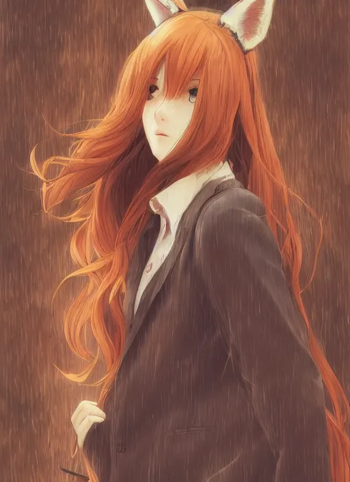 Image similar to girl with fox ears, tired eyes, long wavy orange hair, light brown trenchcoat, forest background, focus on face, pretty, moody lighting, painterly, illustration by shigenori soejima, by tatsuki fujimoto, by yoji shinakawa