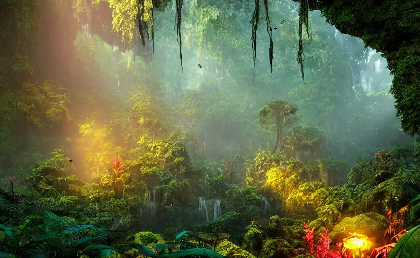 Image similar to a beautiful render of a dark prehistoric rainforest in a humongous cave, lush flora, patches of yellowish - red - magenta sky, sunset lighting, fireflies, floating mountains and a waterfall in the background, intricate detail, hazy, humid, volumetric lighting, god rays, 8 k, photorealistic, raytracing effects, unreal engine 5