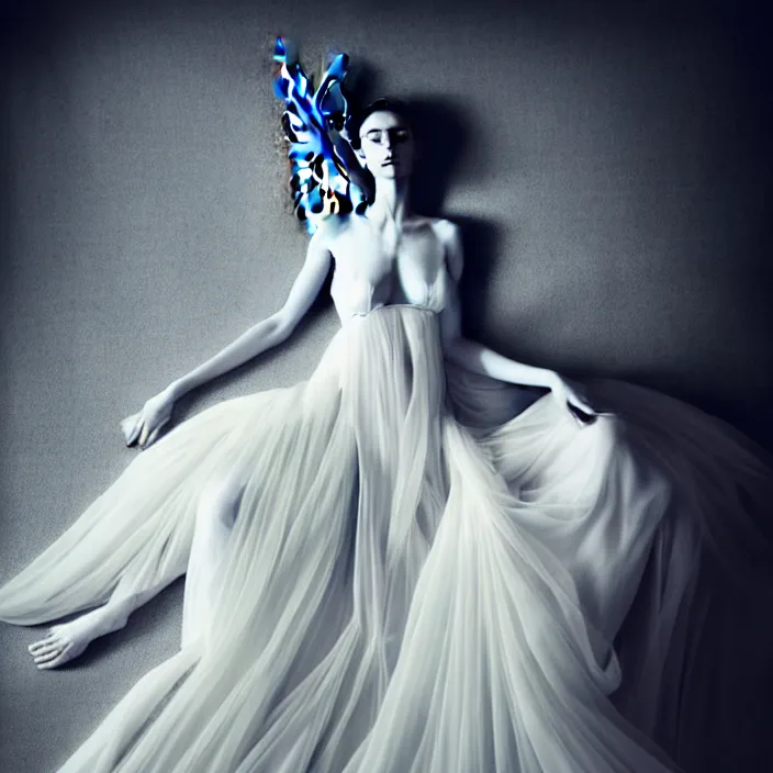 Image similar to portrait of a beautiful woman like a fallen angel, total body dressed in long elegant intricate ornamental white dress, smooth, sharp focus, fine art photography by Giovanni Gastel, professional studio lighting, volumetric lighting, dark colors , hyper realistic photography , in style of Vogue Fashion magazine
