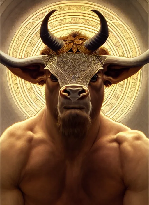 Image similar to symmetry!! portrait of minotaur, ancient greece, intricate, elegant, highly detailed, digital painting, artstation, concept art, smooth, sharp focus, illustration, art by artgerm and greg rutkowski and alphonse mucha, 8 k