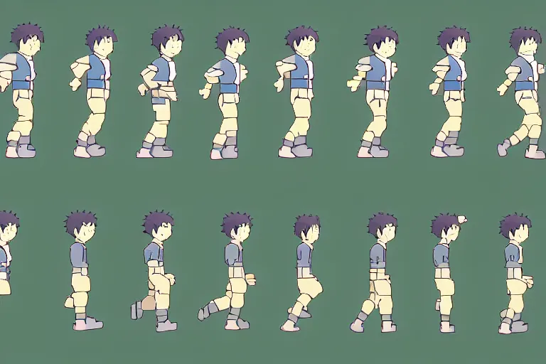 Prompt: a sprite sheet containing of a hero running by studio ghibli, side view, proportions, sprite sheet, running cycle, ready to model,