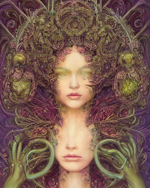Image similar to centered beautiful detailed front view portrait of a woman with ornate growing around, ornamentation, flowers, elegant, beautifully soft lit, full frame, by wayne barlowe, peter mohrbacher, kelly mckernan,