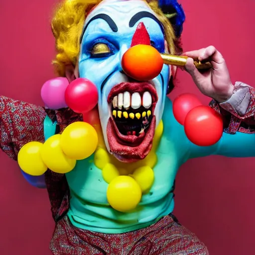 Image similar to happy clown unlocking his jaw in order to devour the world's largest cake, strange photo