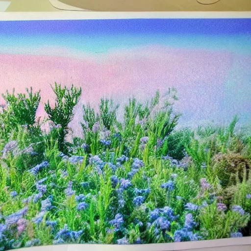 Image similar to a ultra high definition pastel coloured photograph from a holiday photo album. 5 0 mm, depicting public viewpoints from areas of outstanding natural beauty in an alien world with pale pastel coloured flora. no artefacts. highly detailed.