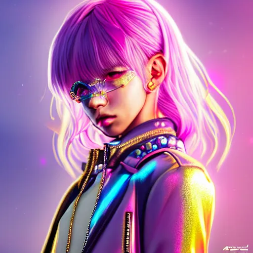 Prompt: hyperdetailed portrait of a stunningly beautiful pink cyberpunk cute european girl made of metals and shiny iridescent gems, bright rainbow nimbus, gold necklace, reflective puffer jacket, smoke background inspired by ross tran and masamune shirow and kuvshinov, intricate, photorealistic, octane render, rtx, hdr, unreal engine, dnd digital art by artgerm