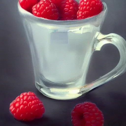 Prompt: a hyperrealistic oil painting of a translucent glass cup of coffee, next to a bowl filled with juicy raspberries and blackberries, trippy colors, trending on artstation, cgsociety