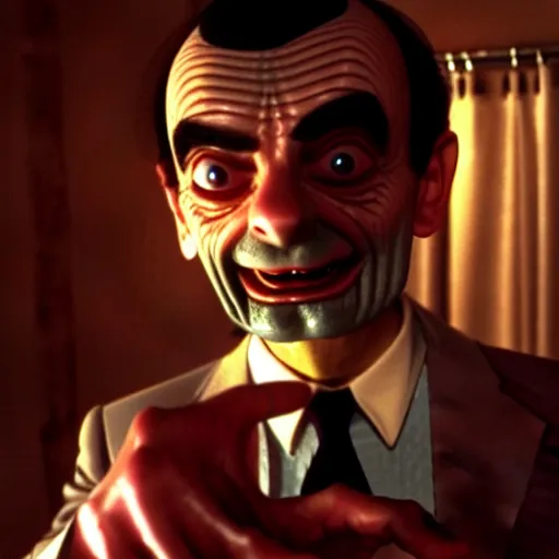 Image similar to mr. bean as freddie krueger. movie still. cinematic lighting.