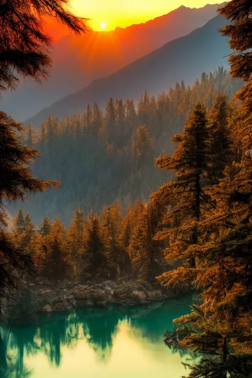 Prompt: breathtaking himalayan landscape, pastel sunset, lake, pine trees, last light on mountain top, dreamy colors, photorealistic, landscape photography, beautiful, 4 k, trending on artstation