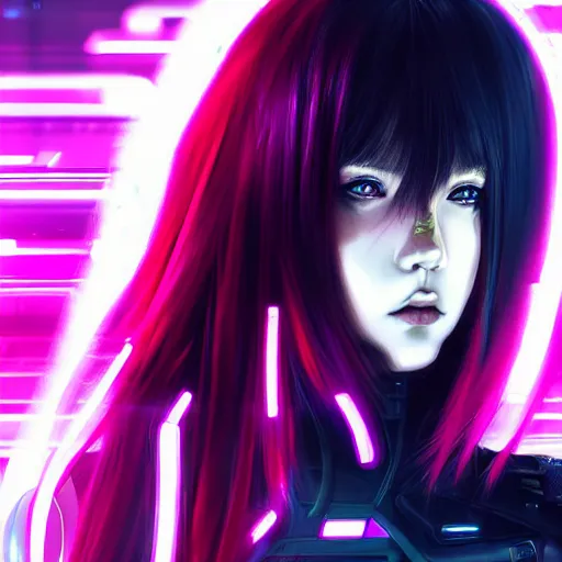 Prompt: An epic comic hyperrealistic portrait anime painting of a cyber warrrior girl wearing futuristic wardrobe, black and reddis, ultradetailed face expression trending on artstation and artbreeder, cyberpunk 2077 color, heavy rainning at tokyo night, neon light rooftop, unreal 5, DAZ, 8k, unreal 5 engine render, cosplay, RPG portrait, final fantasy Vll world concept, dramatic lighting, rim lights, PS5 render quality