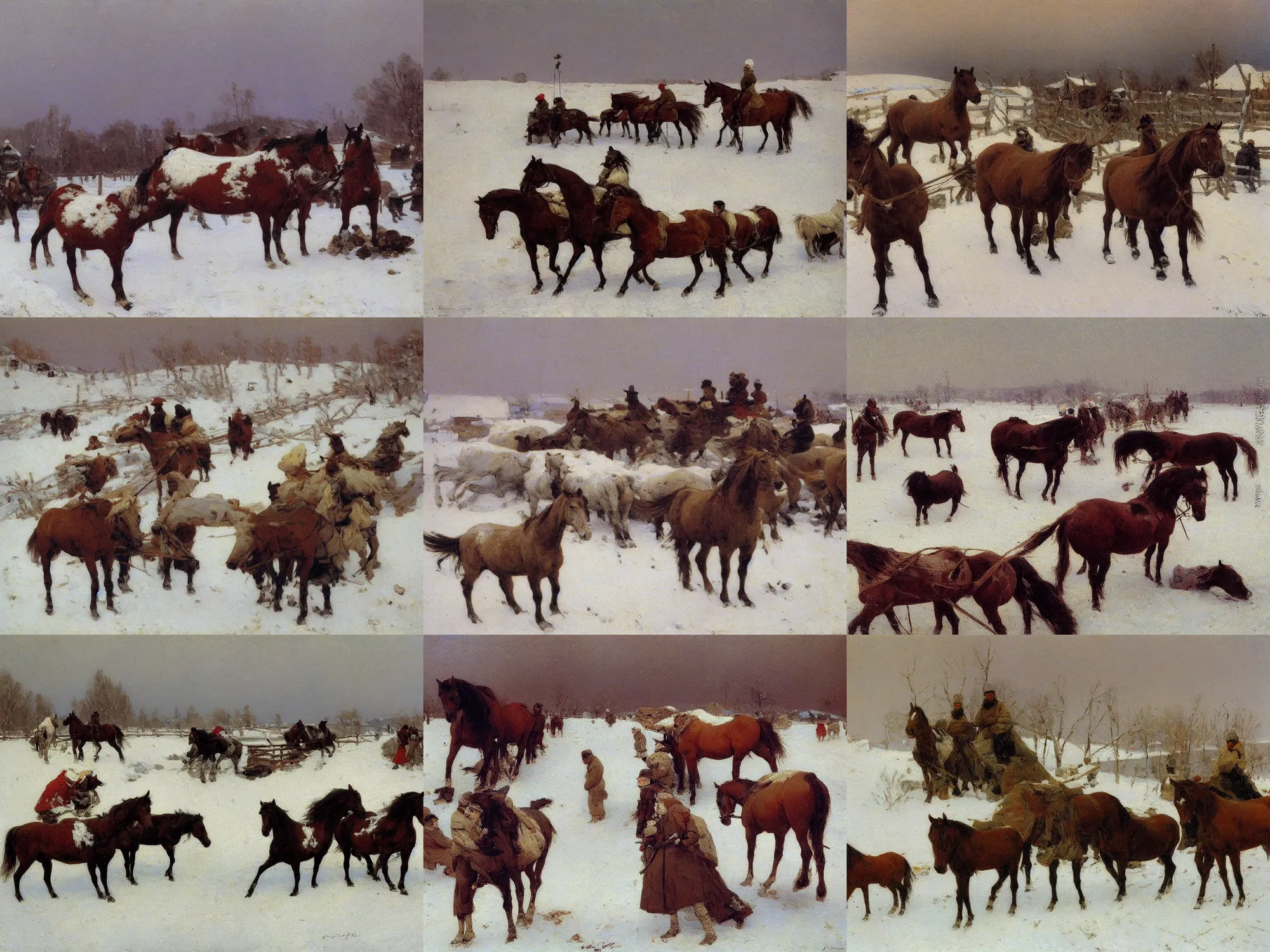 Prompt: painting of horses in snow Ilya Repin details