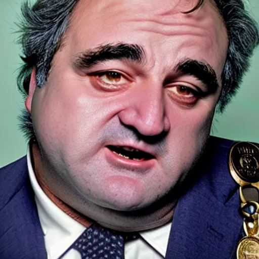 Prompt: john belushi with the face of prime minister gordon brown, wearing a tracksuit and huge gold medallions