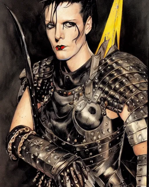 Image similar to portrait of a skinny goth punk keany reeves wearing armor by simon bisley, john blance, frank frazetta