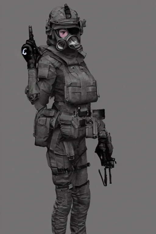 Image similar to british sas female operative with the standard s 1 0 gas mask and the black uniform, 8 0 s, artstation, trending on artstation, establishing shot