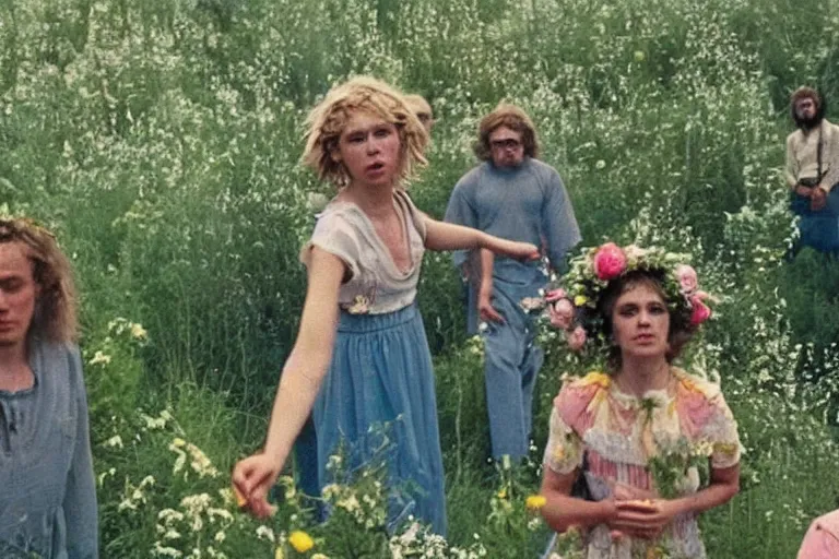 Image similar to vhs 1 9 8 0 s film of a scene from the movie midsommar directed by ari aster