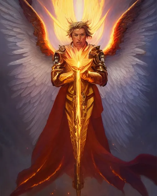 Prompt: character portrait of a mighty male angel of justice, with fiery golden wings, wearing shining armor, wielding a flaming sword, by peter mohrbacher, mark brooks, jim burns, marina abramovic, wadim kashin, greg rutkowski, trending on artstation