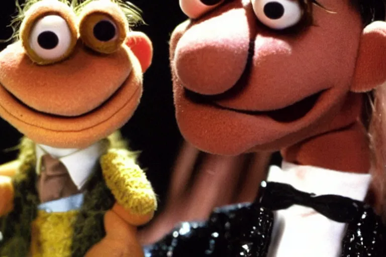 Image similar to Dave gahan made as a Muppet, by Jim Henson, close up photo, detailed face, look-alike, singing, Depeche mode, stage,