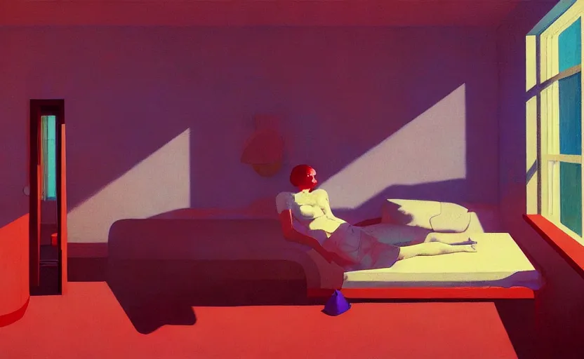 Prompt: inside a lonely motel room, very coherent, painted by Edward Hopper, Wayne Barlowe, painted by James Gilleard, airbrush, art by JamesJean