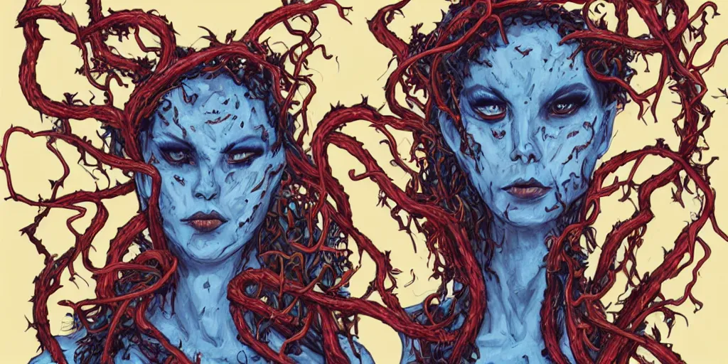 Image similar to queen of snakes, rotting crown of vines, red eyes + blue skin