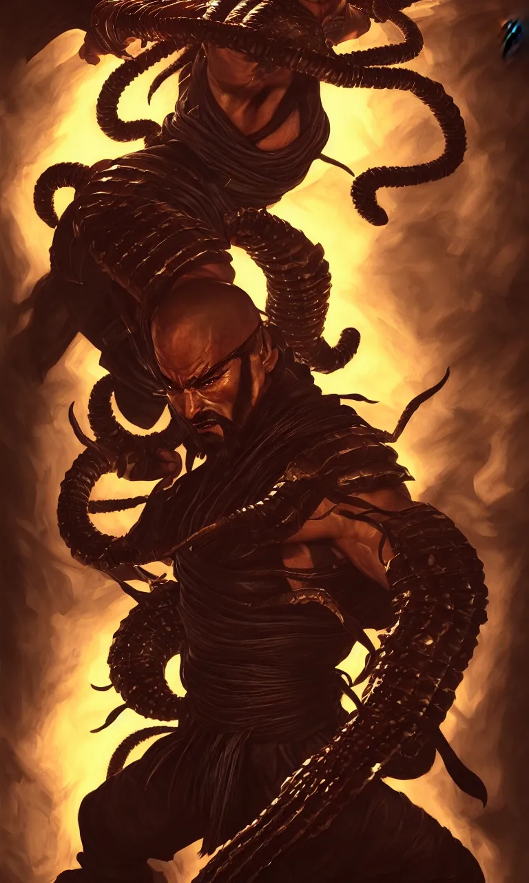 Image similar to portrait of hanzo hasashi scorpion from mortal kombat in the gates of hell, full body shot, highly detailed dramatic lighting, artstation, atmospheric perspective, artgerm, mk ninja, epic ninja suit, by lee bermejo, alphonse mucha and greg rutkowski