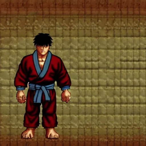 Prompt: ryu from the video game street fighter 2 trapped in the video game silent hill 3, highly detailed character sprite