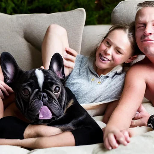 Prompt: portrait of french bulldog family on couch in park, annie leibovitz style photo, 1 5 0 mm - n 9 - w 1 0 2 4 - h 1 0 2 4