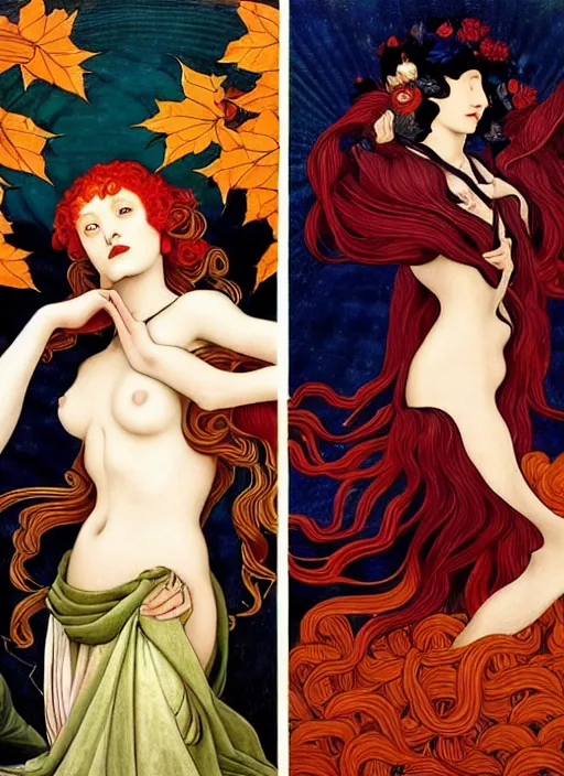 Image similar to 3 Autumn Muses symbolically representing September, October, and November, in a style blending Æon Flux, Peter Chung, Shepard Fairey, Botticelli, Ivan Bilibin, and John Singer Sargent, inspired by pre-raphaelite paintings, shoujo manga, and cool Japanese street fashion, dramatic autumn landscape, leaves falling, deep vivid warm tones, hyper detailed, super fine inking lines, ethereal and otherworldly, 4K extremely photorealistic, Arnold render