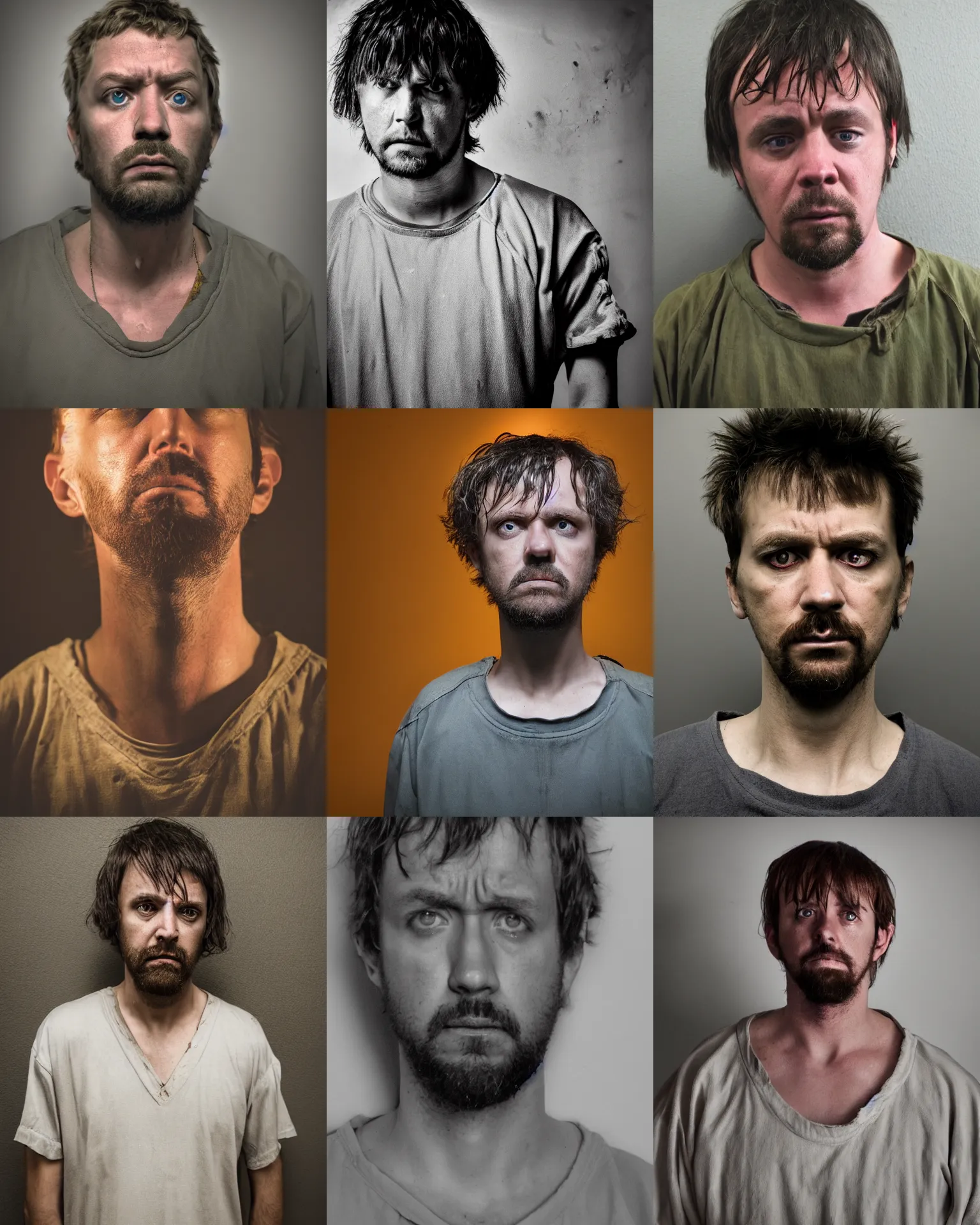 Prompt: prison mugshot of shaggy, dramatic lighting, dirty clothes, neck shackle, low saturation, somber expression, soft vignette, 4 k