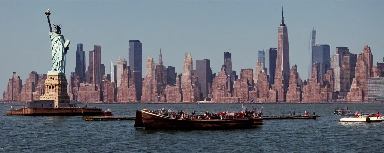 Image similar to a boat carrying spaghetti in new york, the statute of liberty in the background, canon 8 0 mm, photography, film, kodachrome