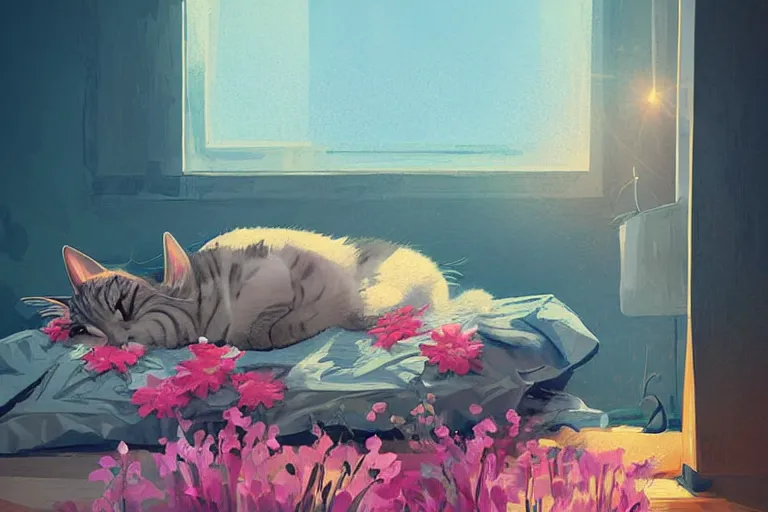 Prompt: a digital art of an american shorthair sleeping in the room with flowers around in the afternoon, the sun shines in, animal, light effect, highly detailed, by anton fadeev