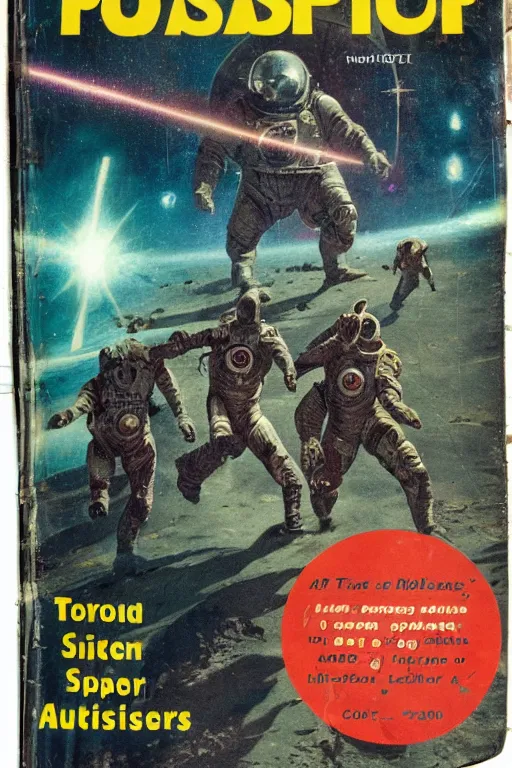 Prompt: photo of poor condition, torn, stained, vintage pulp scifi science fiction magazine cover on a table top, showing men wearing space suits shooting laser beams at a monster on an alien planet, only c 7 5, 4 k, high definition