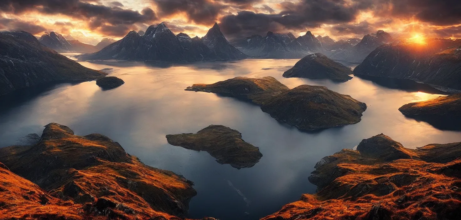 Prompt: amazing landscape photo of fjord in sunset by max rive, beautiful dramatic lighting