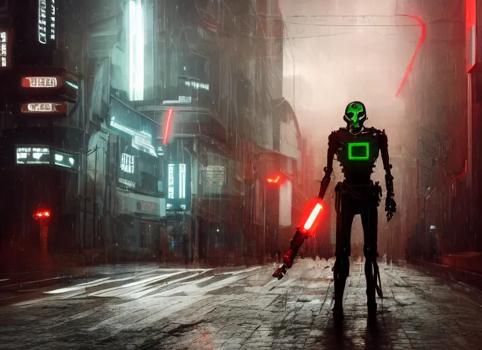 Prompt: 3 5 mm portrait photo of general grievous face with heavy duty biomechanical cybernetic body with 4 arms holding red lightsabers fighting obi wan kenobi in the city in the rain. cyberpunk horror in the style of george lucas. unreal engine render with nanite and path tracing.