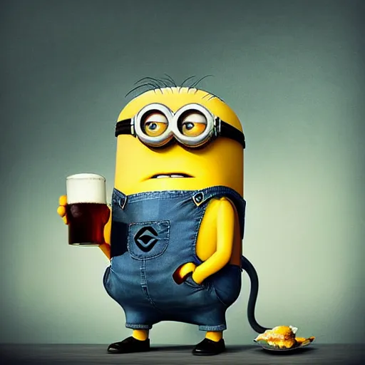 Prompt: an epic painting minion drinking beer from big mug and he really drunk, pencil drawing, perfect composition, golden ratio, beautiful detailed, photorealistic, digital painting, concept art, smooth, sharp focus, illustration, artstation trending, octane render, unreal engine