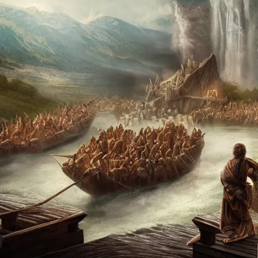 Image similar to an extremely detailed matte painting of the animals leaving noah's ark, 4 k, noah from the bible as a wizard, antediluvian, in the style of epic fantasy