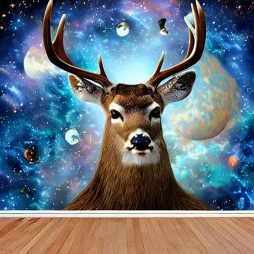 Image similar to wild deer in space, mural art