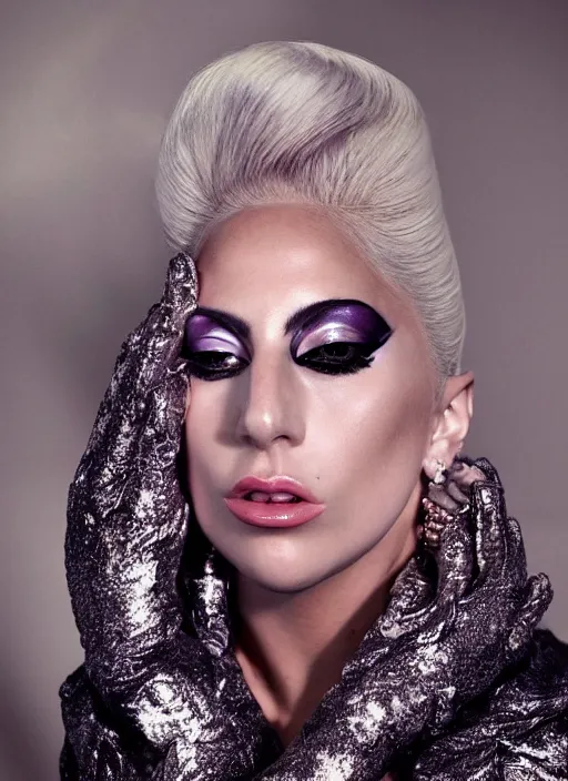 Prompt: lady gaga styled by nick knight posing , high fashion, vintage couture , vogue magazine, Highly realistic. High resolution. Highly detailed. Dramatic. 8k.4k.