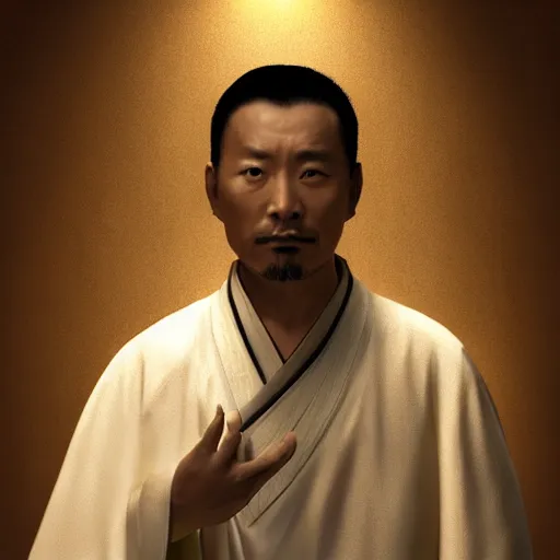 Image similar to portrait painting of a 3 5 - year - old chinese man, taoist priest, a goatee ， dressed in taoist robe, like andy lau, immortal bone, affable ， wenjun lin, unreal engine 5 highly rendered, global illumination, radiant light, detailed and intricate environment