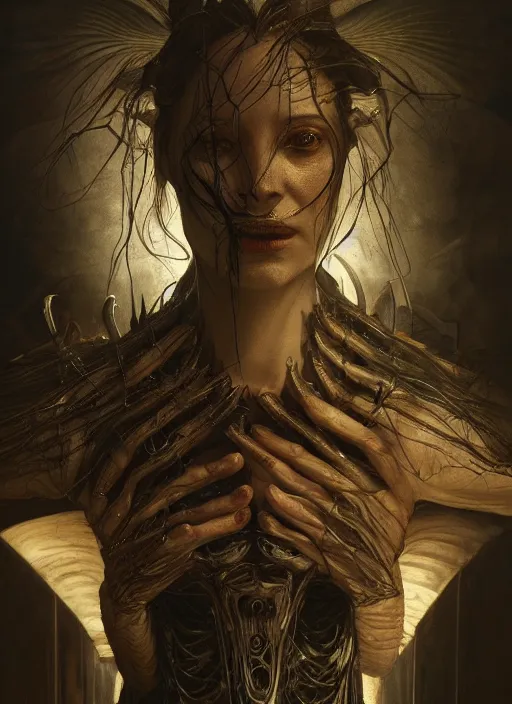 Prompt: horror commander, physically accurate, moody dynamic lighting, very very intricate, very very elegant, highly detailed, digital painting, artstation, HR GIGER, Hieronymus Bosch, Francis Bacon, concept art, smooth, very beautiful, sharp focus, illustration, art by artgerm and greg rutkowski and alphonse mucha