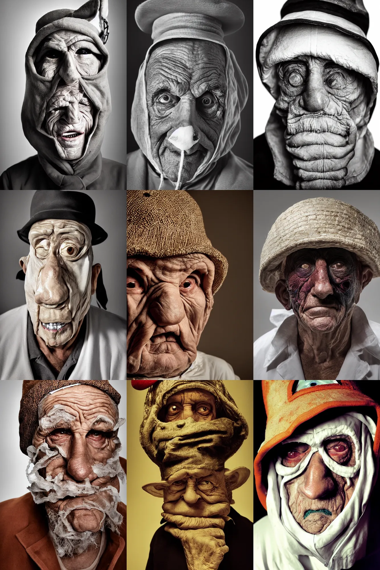 Prompt: high contrast studio close - up portrait of a wrinkled old man wearing a pulcinella mask, clear eyes looking into camera, baggy clothing and hat, backlit, dark mood, nikon, photo by david lachapelle, masterpiece