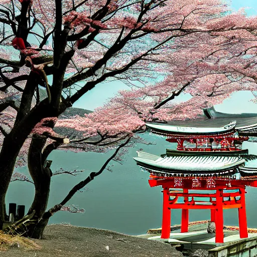 Prompt: a beautiful shinto shrine made with locally available materials and colors, standing atop the cliffs of dover, by rob gonsalves