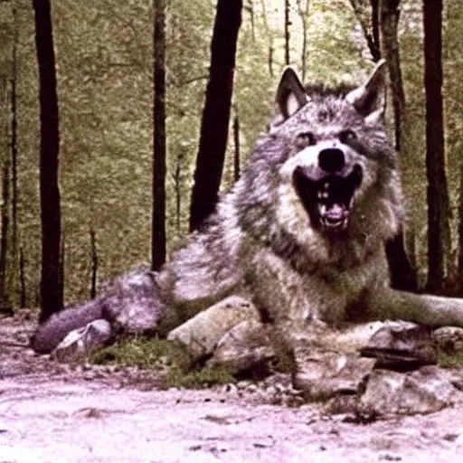 Prompt: giant wolf in blair witch project