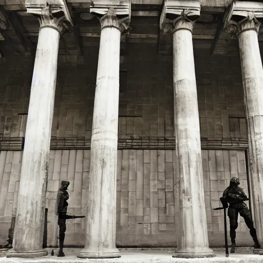 Image similar to a brutalist building with roman style ionized columns and german ww 2 soldiers standing in front