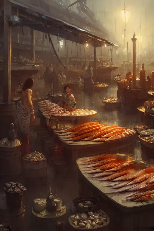 Image similar to fish market by bayard wu, anna podedworna, greg rutkowski, giger, maxim verehin