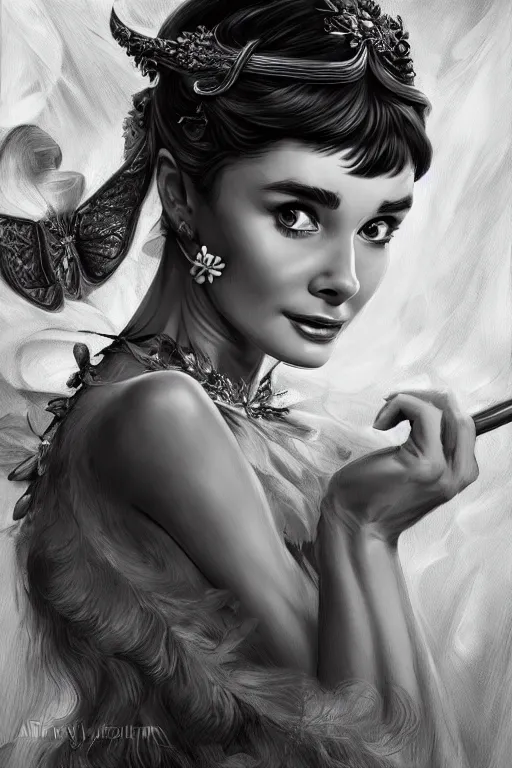 Image similar to Audrey Hepburn, cute, fantasy, intricate, elegant, highly detailed, digital painting, 4k, HDR, concept art, smooth, sharp focus, illustration, art by artgerm and H R Giger and alphonse mucha