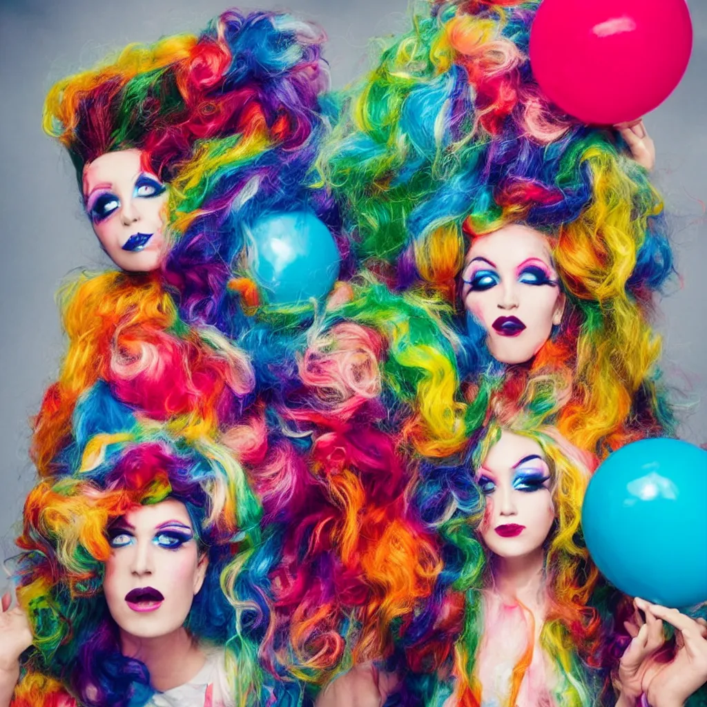 Image similar to a funny humanoid with big colorful hair wearing exaggerated makeup and colorful oversized garments, holding a balloon, portrait, polaroid