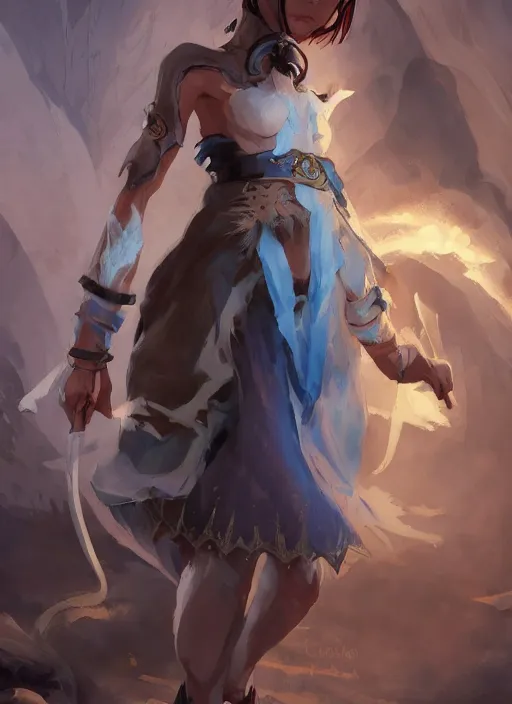 Image similar to concept art painting of a woman with brown skin and short white hair, demon horns, elf ears, full clothing, blue clothes, robes, detailed, cel shaded, in the style of ruan jia and artgerm and makoto shinkai and james gurney