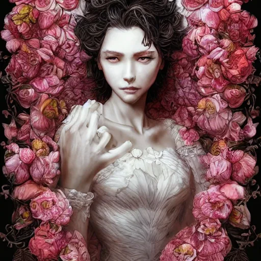 Prompt: the face of an absurdly beautiful, graceful, elegant, sophisticated mature woman of strawberries and white petals with tears, an ultrafine hyperdetailed illustration by kim jung gi, irakli nadar, intricate linework, bright colors, octopath traveler, final fantasy, unreal engine 5 highly rendered, global illumination, radiant light, detailed and intricate environment